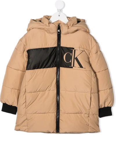 Calvin Klein Kids' Logo Print Padded Coat In Neutrals
