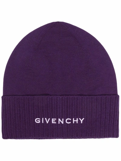 Givenchy Embroidered-logo Wool Beanie In Violett