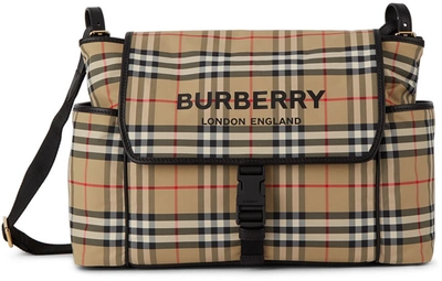 Burberry Vintage Check & Leather Diaper Bag W/ Changing Pad In Beige