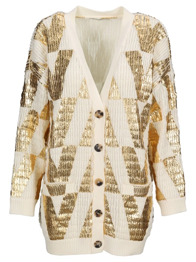 Valentino Beige And Gold Printed Wool Cardigan In White