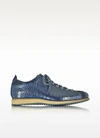 GUCCI SHOES ITALIAN HANDCRAFTED INDIGO BLUE SUEDE & CROCO PRINT LEATHER SNEAKER