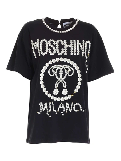 Moschino Pearls Double Question Mark Logo T-shirt In B In Black