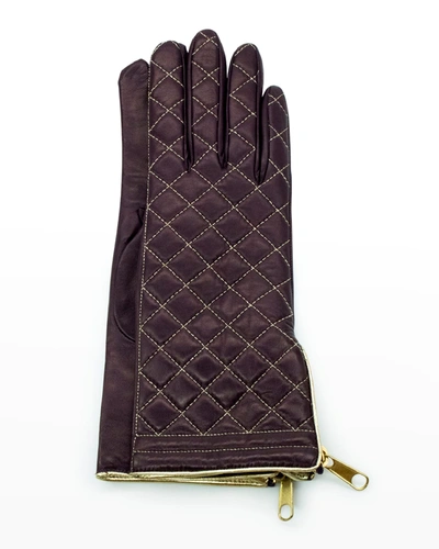 Portolano Diamond Quilted Cashmere-lined Zip Gloves In Dk Currant/gold