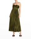 Amur Ruched Bustier Pleated Ankle Dress In Olive