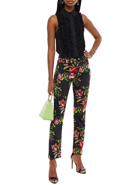 Alexandre Vauthier Floral-print Cotton-blend Slim-leg Trousers In Black