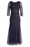 Pisarro Nights Illusion Sleeve Beaded A-line Gown In Midnight