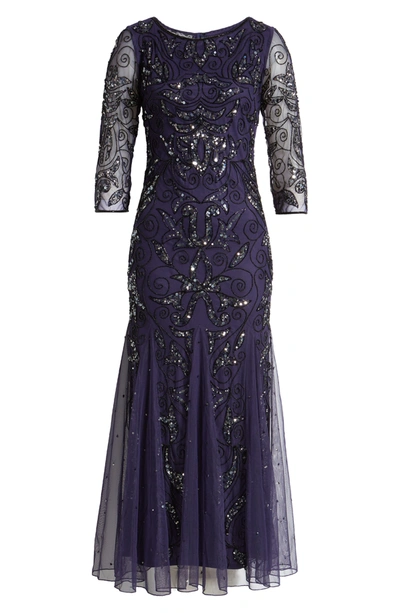 Pisarro Nights Illusion Sleeve Beaded A-line Gown In Midnight