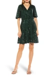 Alexia Admor Oakless Sequin Flutter Sleeve Fit & Flare Dress In Emerald