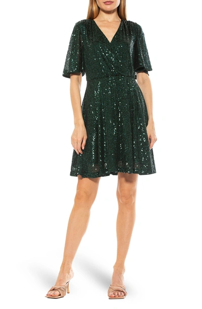 Alexia Admor Oakless Sequin Flutter Sleeve Fit & Flare Dress In Emerald