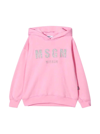 Msgm Kids' Long-sleeved Hooded Sweatshirt With Embossed Writing With Lurex In Pink