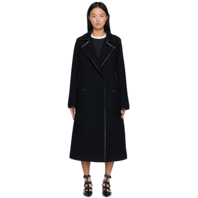Valentino Black Wool Coat With Leather Details