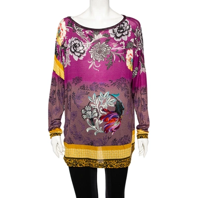 Pre-owned Etro Multicolored Floral Printed Knit Long Sleeve Top L