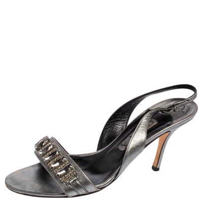 Pre-owned Gina Metallic Bronze Leather Crystal Embellished Naomi Slingback Sandals Size 40