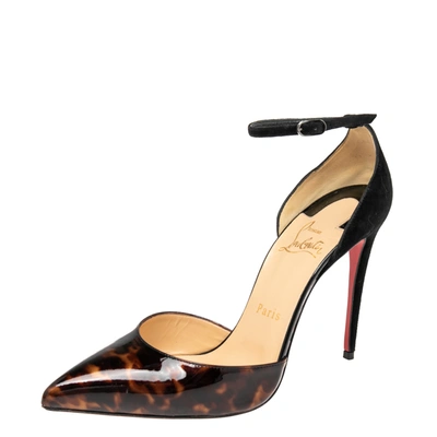 Pre-owned Christian Louboutin Black/gold Patent Leather And Suede Uptown Sandals Size 37.5