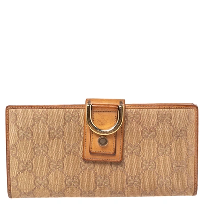 Pre-owned Gucci Metallic Beige Gg Canvas And Leather D Ring Continental Wallet