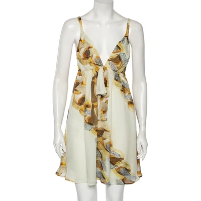 Pre-owned Roberto Cavalli Off White Chain Printed Silk Sleeveless Mini Dress M