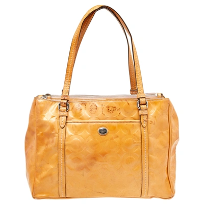 Pre-owned Coach Tan Patent Leather Peyton Op Art Double Zip Satchel