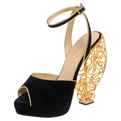 Pre-owned Charlotte Olympia Black/gold Suede Avalon Peep Toe Platform Wire Heel Ankle Strap Sandals Size 39