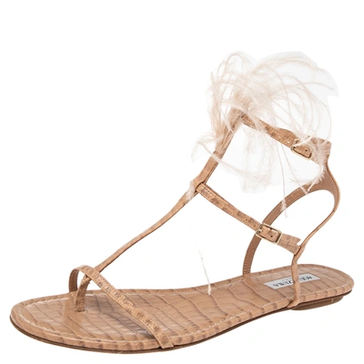 Pre-owned Aquazzura Beige Snake Embossed Leather Feather Trimmed T- Strap Sandals Size 39