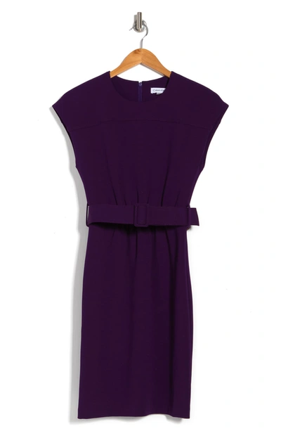 Calvin Klein Cap Sleeve Belted Sheath Dress In Night (purple)