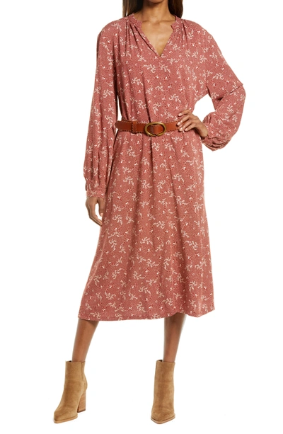 Treasure & Bond Shirred Long Sleeve Midi Dress In Rust Henna Dotted ...