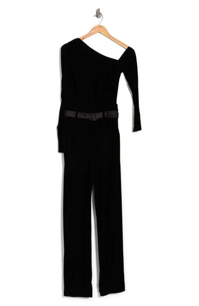 Reiss Elyse One Shoulder Asymmetrical Long Sleeve Velvet Jumpsuit In Black