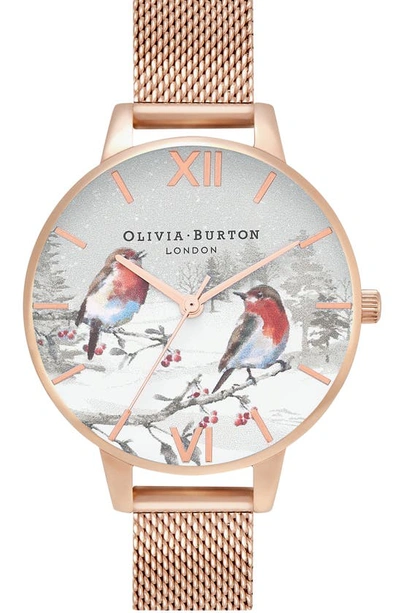Olivia Burton Winter Wonderland Mesh Strap Watch, 34mm In White