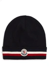 Moncler Logo Tricolor Stripe Wool Beanie In Navy