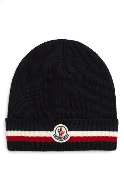 Moncler Logo Tricolor Stripe Wool Beanie In Navy