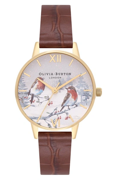 Olivia Burton Winter Wonderland Leather Strap Watch, 30mm In White