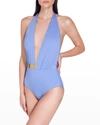 Moeva Bridget Belted Plunge One-piece Swimsuit In Blue