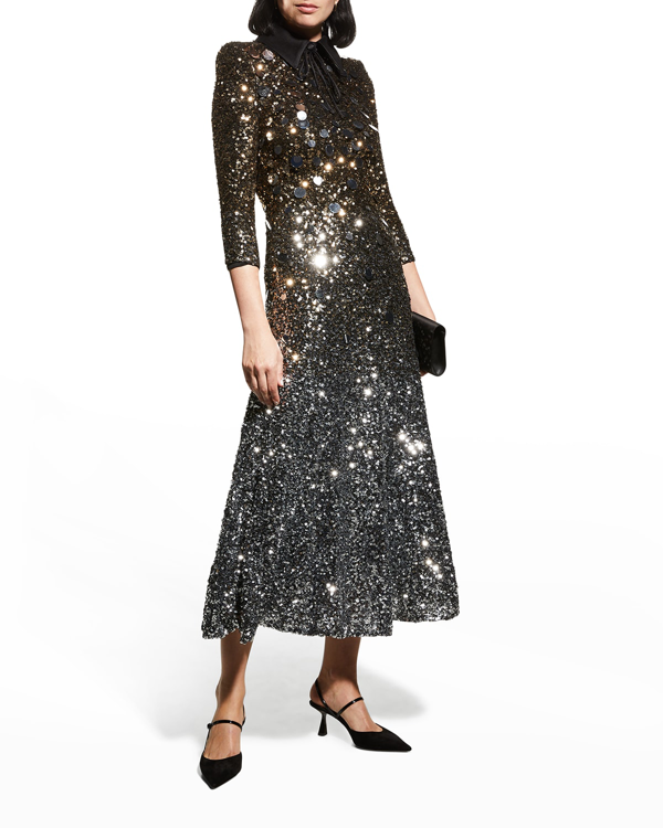 Badgley Mischka Ombre Sequin 3/4-sleeve Collared Dress In Silver/gold |  ModeSens