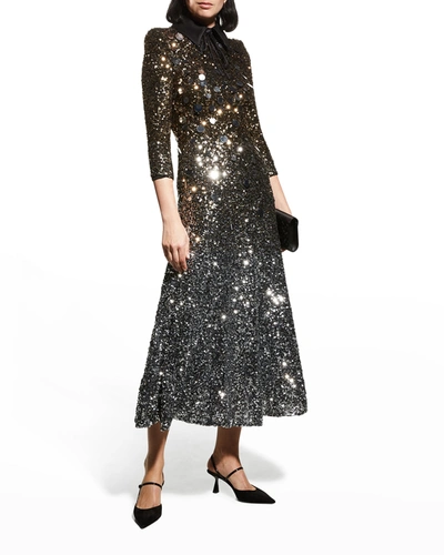 Badgley Mischka Ombre Sequin 3/4-sleeve Collared Dress In Silver/gold