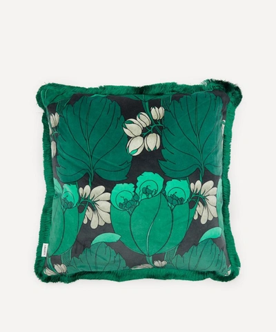 Liberty Regency Tulip Fringed Square Velvet Cushion In Green