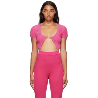 Jacquemus La Maille Neve Cropped Brushed Knitted Cardigan In Fuchsia