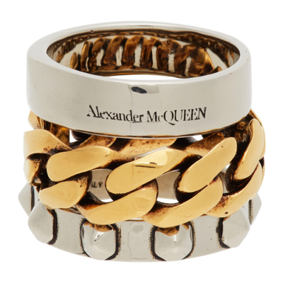 Alexander Mcqueen Punk Gold And Silver Colored Brass Ring In Antique Silver/antique Gold