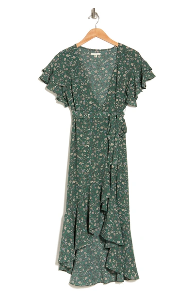 Max Studio Ruffle Crepe High/low Wrap Midi Dress In Grnsmqlf
