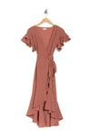 Max Studio Ruffle Crepe High/low Wrap Midi Dress In Pepglmdd