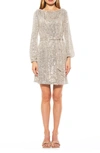 Alexia Admor Val Sequin Long Sleeve Tie Waist Shift Dress In Silver