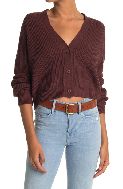 Melrose And Market Button Down Cropped Knit Cardigan In Brown Chocolate