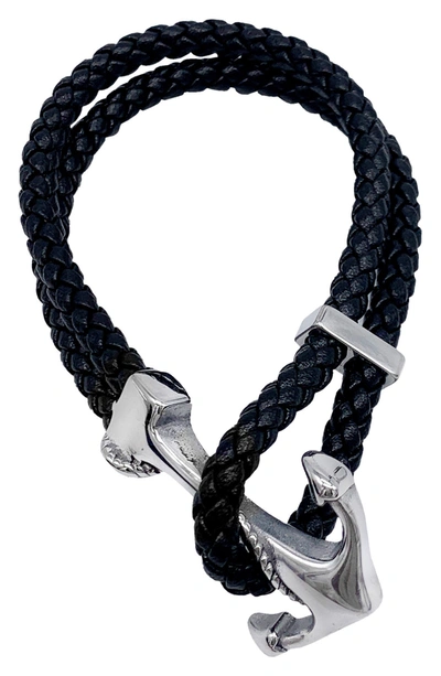 Adornia Stainless Steel Anchor Braided Leather Bracelet In Silver