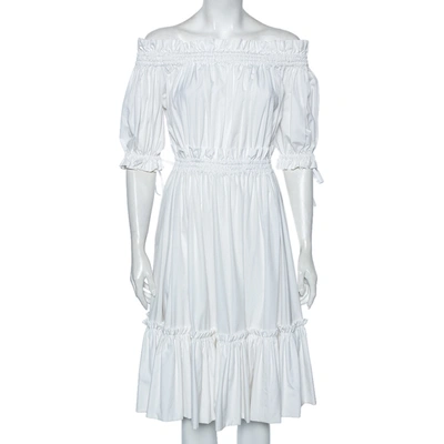 Pre-owned Alexander Mcqueen White Cotton Ruched Tiered Off Shoulder Midi Dress M