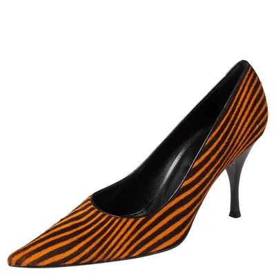 Pre-owned Sergio Rossi Orange/brown Stripes Print Pony Hair Pointed Toe Pumps Size 41