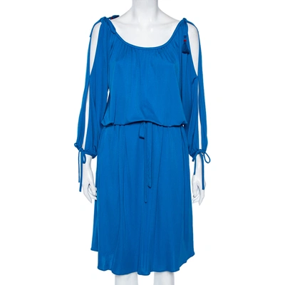 Pre-owned Roberto Cavalli Blue Jersey Cold Shoulder Tassel Tie Detailed Belted Dress M