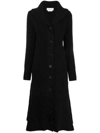 Alexander Mcqueen Black Ribbed Midi Coat In Nero