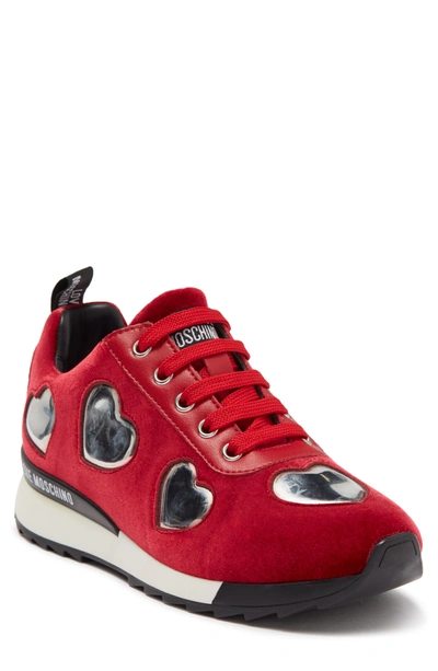 Love Moschino Velvet Heart Sneaker In Velluto Rosso | ModeSens