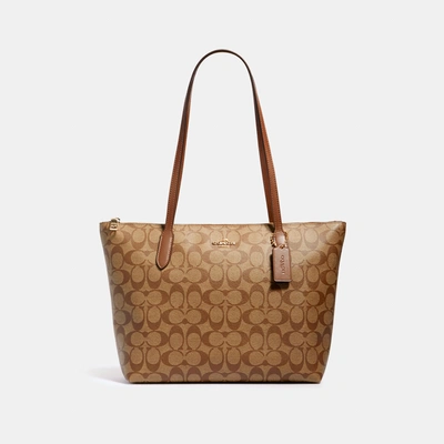 Coach Zip Top Tote In Signature Canvas In Beige