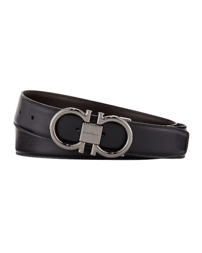Ferragamo Men's Double-gancini Reversible Leather Belt In Black