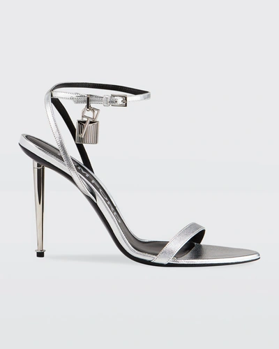 Tom Ford Padlock Metallic Stiletto Sandals In Silver