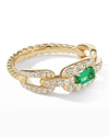 David Yurman Stax Chain Link Ring In 18k Yellow Gold With Pave Diamonds And Emerald